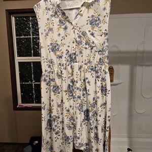 Floral Sleeveless Dress with Blue Roses
